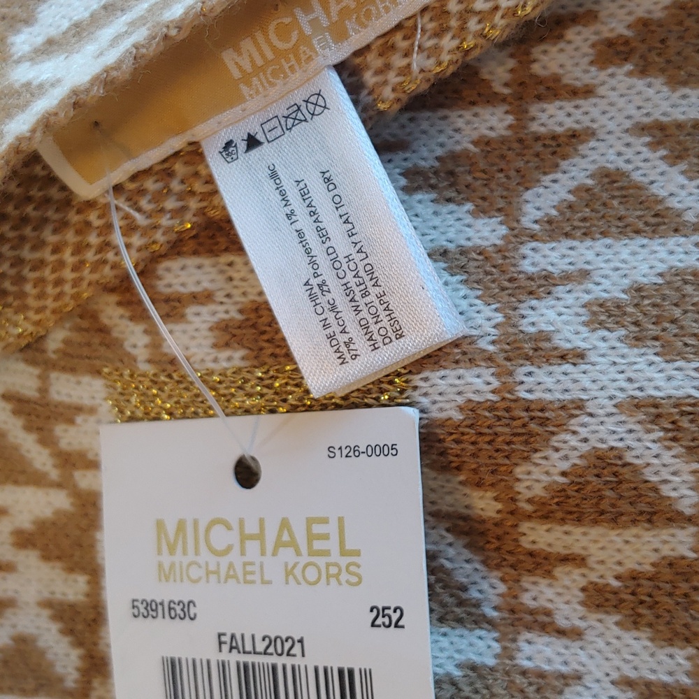 Michael Kors Signature Women's Knit Scarf in Tan & Cream Metallic Accents NWT - Picture 8 of 13